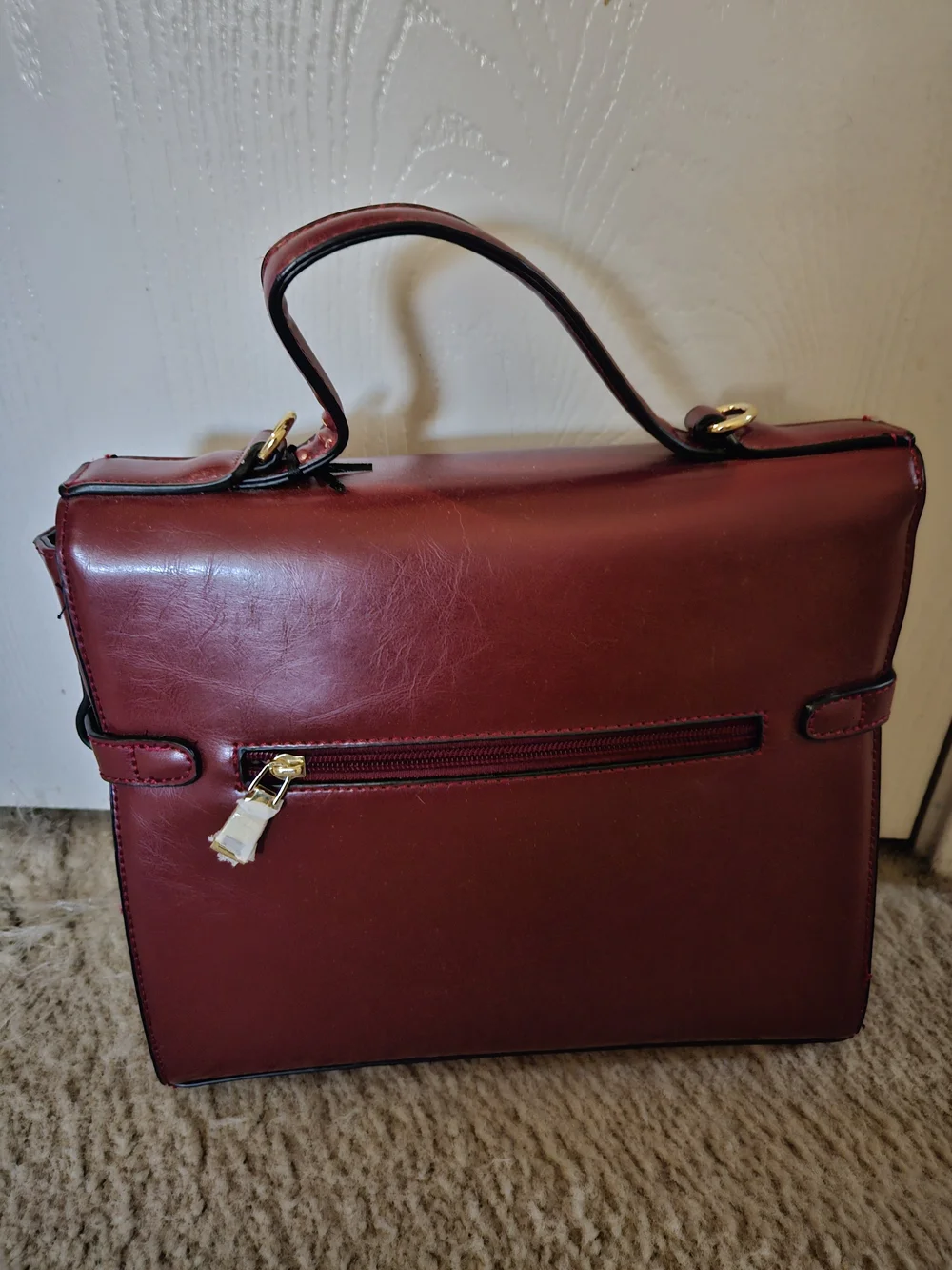 Structured Burgundy Leather Top-Handle Satchel with Gold Hardware